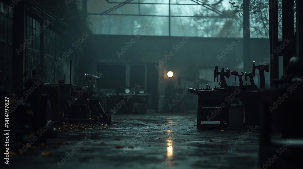 Poster dark atmospheric workshop interior with a dimly lit workbench and tools with an overcast sky backgro