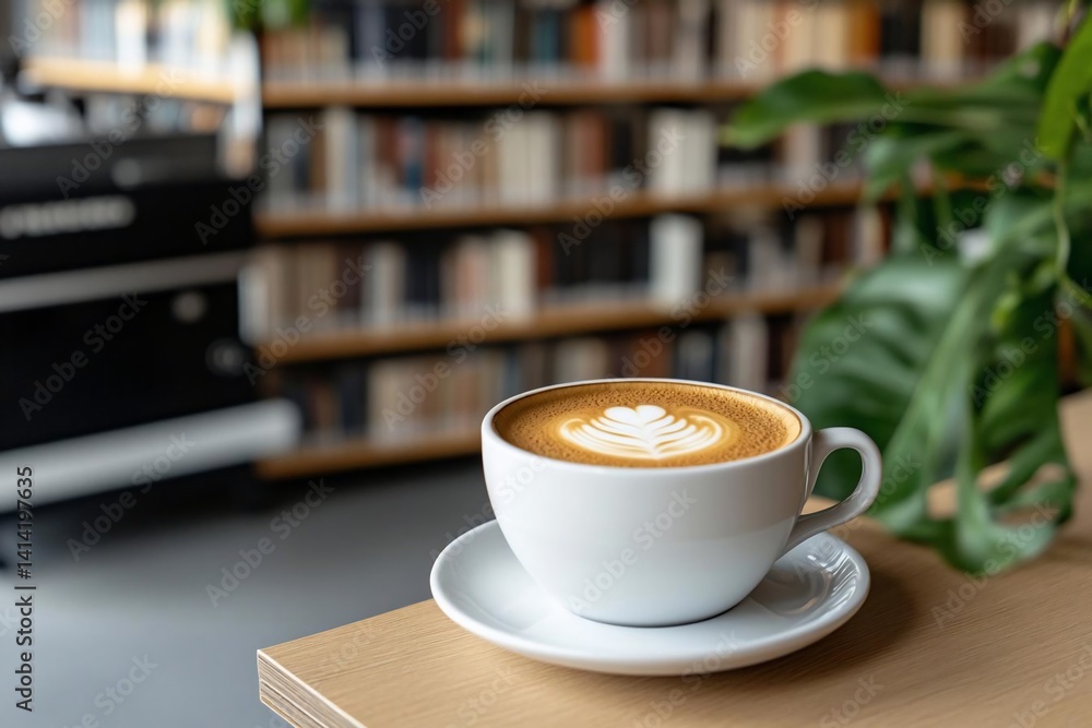 Poster close-up of a coffee in a white cup on a saucer with art in the center against blurred backdrop of a