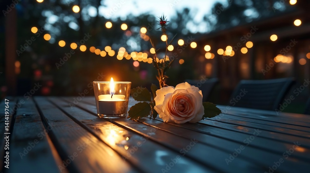 Poster romantic evening scene with a lit candle and a flower on a wooden table. blurred background of fairy