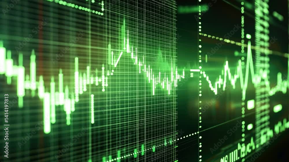 Poster digital financial chart analysis exploring green trends in stock market data and technology for enha