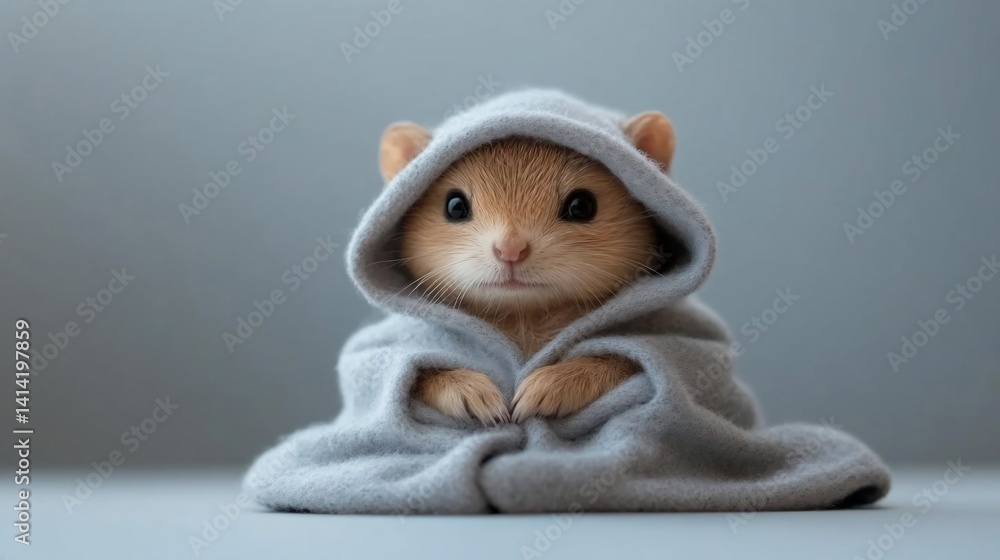 Poster Close-up of a mouse wrapped in a gray hooded blanket against a soft gray background. The mouse has a fluffy, textured coat and gentle expression