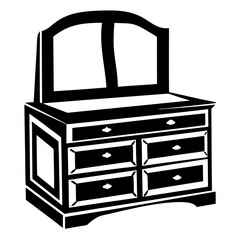 A stylized rendering of a chest of drawers with an attached mirror