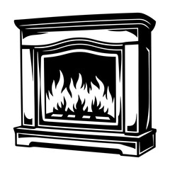 Stylized black and white fireplace illustration with detailed molding and flames