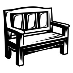Black and white illustration of a classic park bench for relaxation