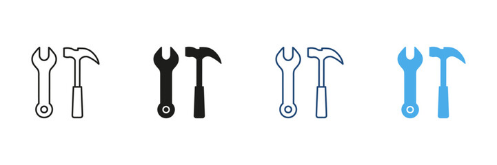 Wrench And Hammer Tool Icon Set. Construction, Repair, And Maintenance Outline And Silhouette Symbol Collection. Diy And Handyman Tools. Isolated Vector Illustration