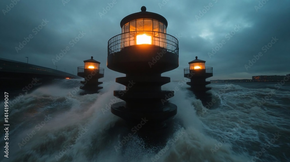 Poster Three pixelated structure during a stormy weather with huge water splash and dark ominous sky. Warm orange lights from the structures are shining through the darkness