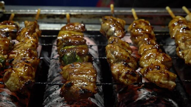 Delicious Kebab Skewers Grilling Over Hot Charcoal. Street Food In Daejeon, South Korea. closeup shot