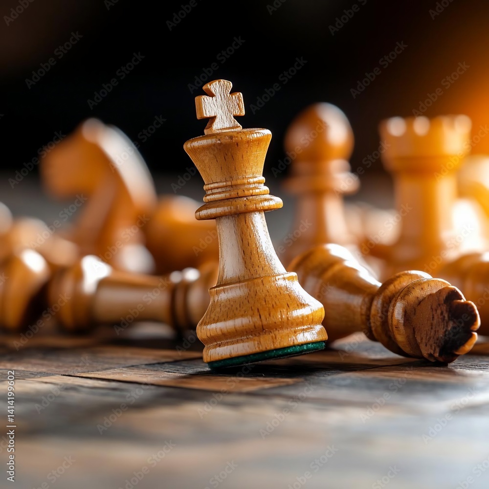 Poster close-up shot of chess pieces on a wooden surface focus on the king piece. the image showcases a str