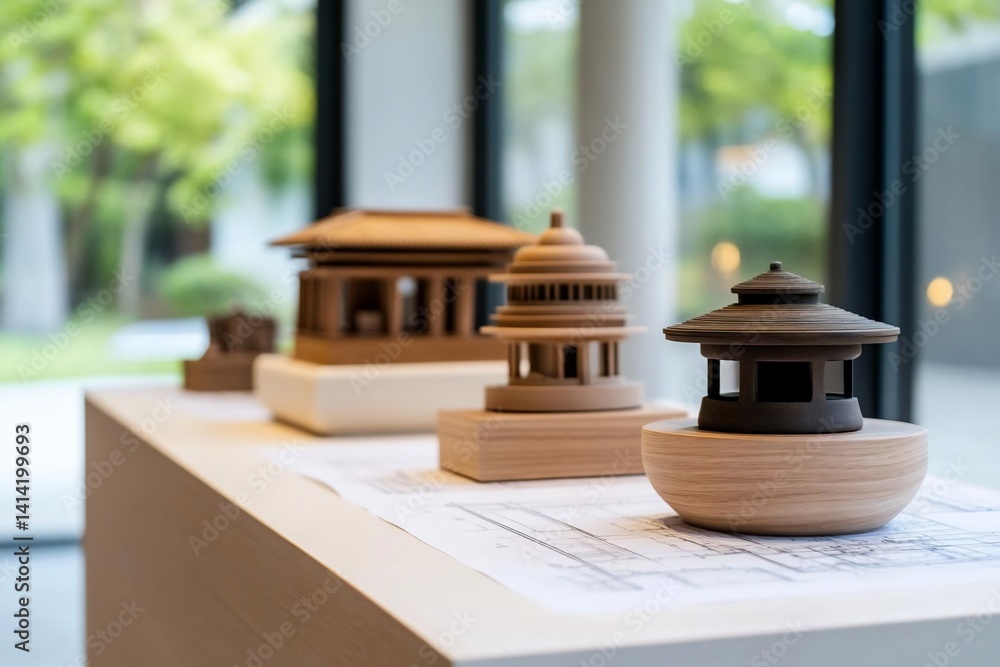 Aufkleber Exhibition of miniature wooden architectural models displayed on a table with blueprints and a blurred green background showcasing craftsmanship and design