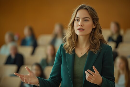 Woman in green blazer gestures while talking in a lecture hall with rows of beige seats behind her