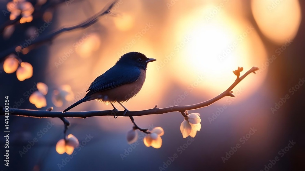 Poster a bird perched on a delicate branch with soft focus blossoms in the foreground and a warm glowing bo