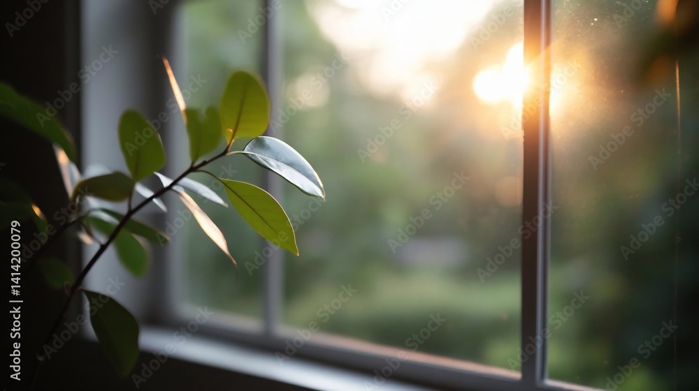 Aufkleber soft focus view of a plant stem near a window bathed in warm sunlight casting a gentle glow with gre