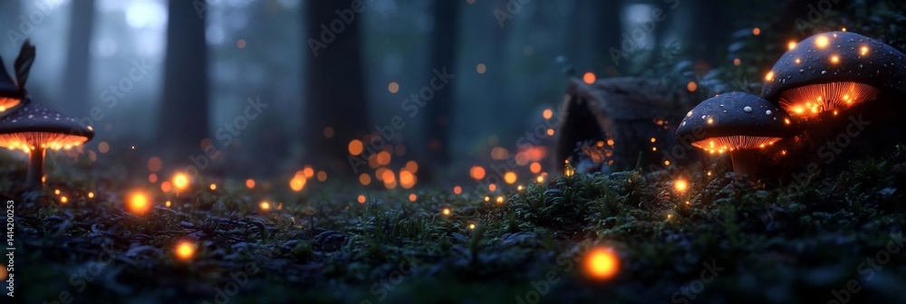 Poster generic scene featuring glowing plants illuminated by soft orange light against a backdrop of dense 