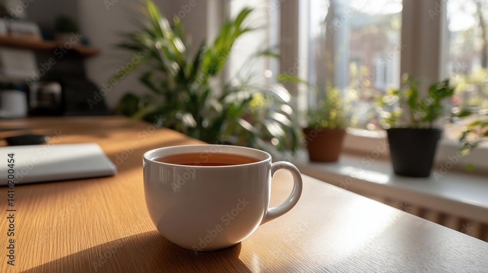 Poster a cup of tea sits on a wooden table in bright sunlight. green plants and a window form the backgroun