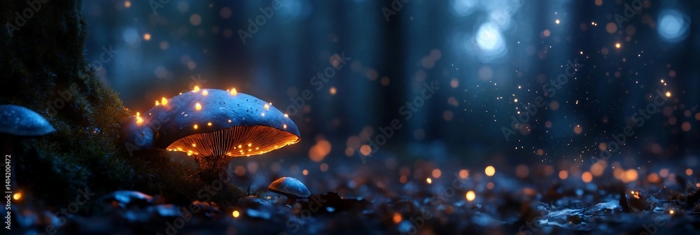 Aufkleber Enchanting forest scene featuring glowing mushrooms and sparkling particles. The image evokes a sense of wonder and magic with a dark background and glowing details