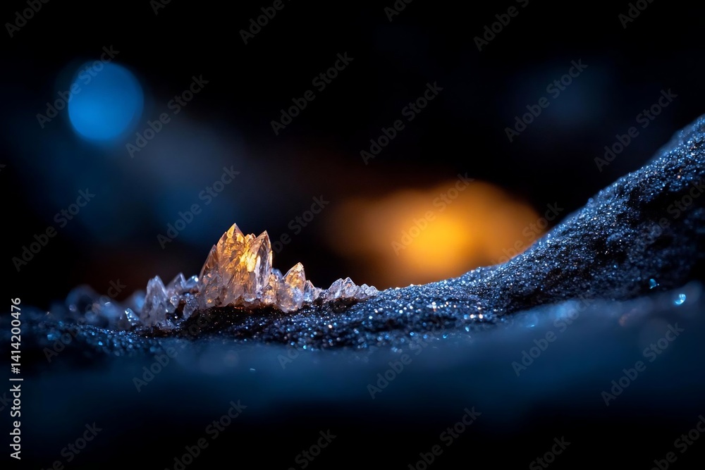 Aufkleber macro shot of ice crystals with blurred bokeh background and warm yellow light highlighting textures
