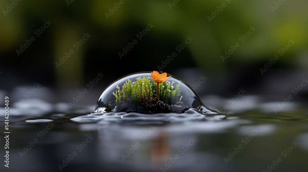 Poster macro shot of a water droplet containing moss and a small orange flower reflecting the surrounding g