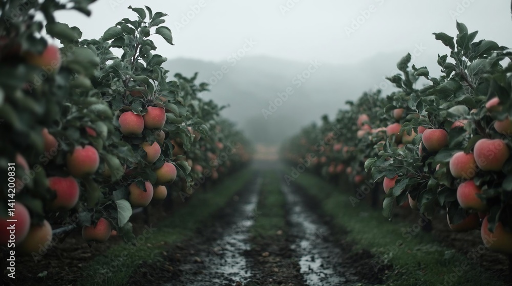 Aufkleber rows of fruit trees laden with red fruit stretch into the distance under an overcast sky. the orchar