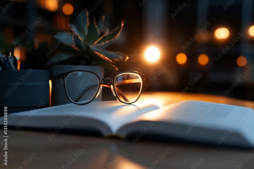 Aufkleber An open book with reading glasses succulent plant and stationery against soft bokeh background creating a cozy illuminated atmosphere