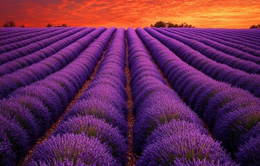 Fototapeta premium Lavender field at twilight with vivid sunset colors and symmetrical rows