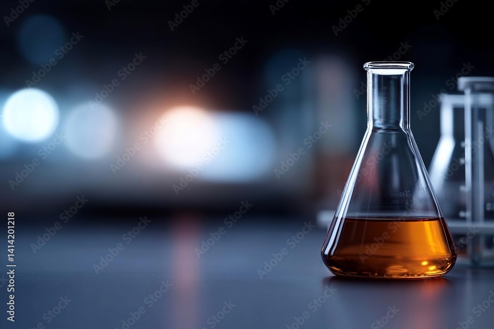 Aufkleber Close-up shot of a laboratory flask filled with an orange liquid on a reflective surface with blurred background bokeh effect lights creating a science and research ambiance