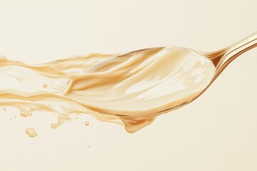 Creamy beige liquid flowing from a golden spoon, creating a dynamic splash.