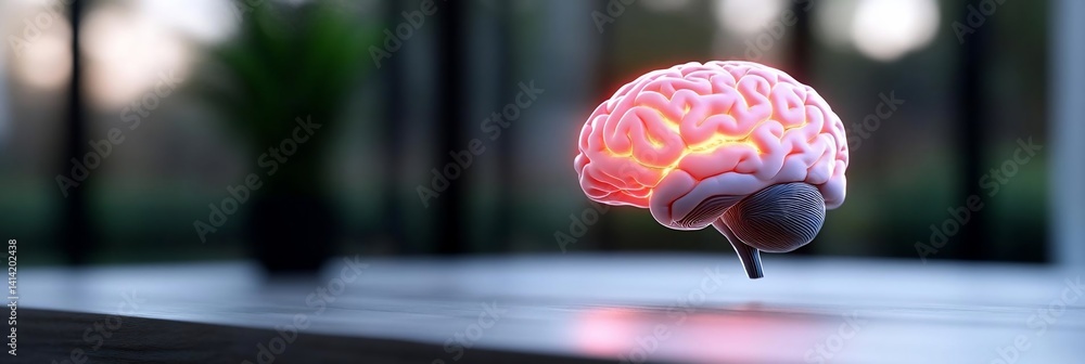 Aufkleber an illuminated conceptual brain floating over a reflective surface against a blurred out green backd