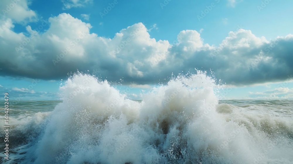 Poster Dramatic ocean waves crashing under a partly cloudy sky creating a dynamic water display with white foam against blue tones creating visual excitement