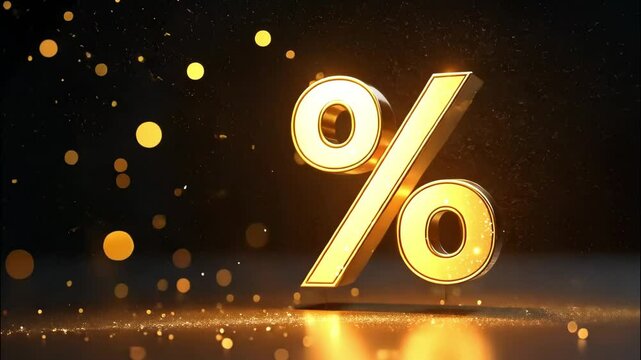 Neon glowing gold percentage sign on a black background. Shop window for Black Friday, sale, discounts, shopping bags. banner, flyer. 