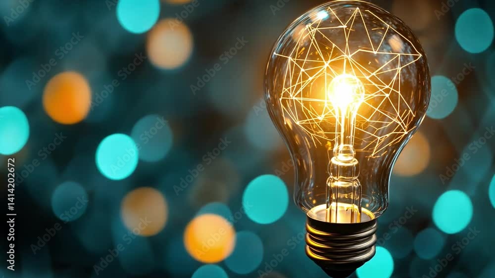 Poster glowing light bulb with intricate filament design shines brightly against blurred background of blue