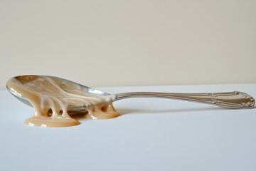Sweet creamy substance overflowing from a silver spoon, dripping onto a white surface.