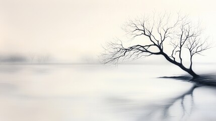 Fototapeta premium A serene, minimalist landscape featuring a solitary, leafless tree reflected in calm waters under a soft, pale sky.