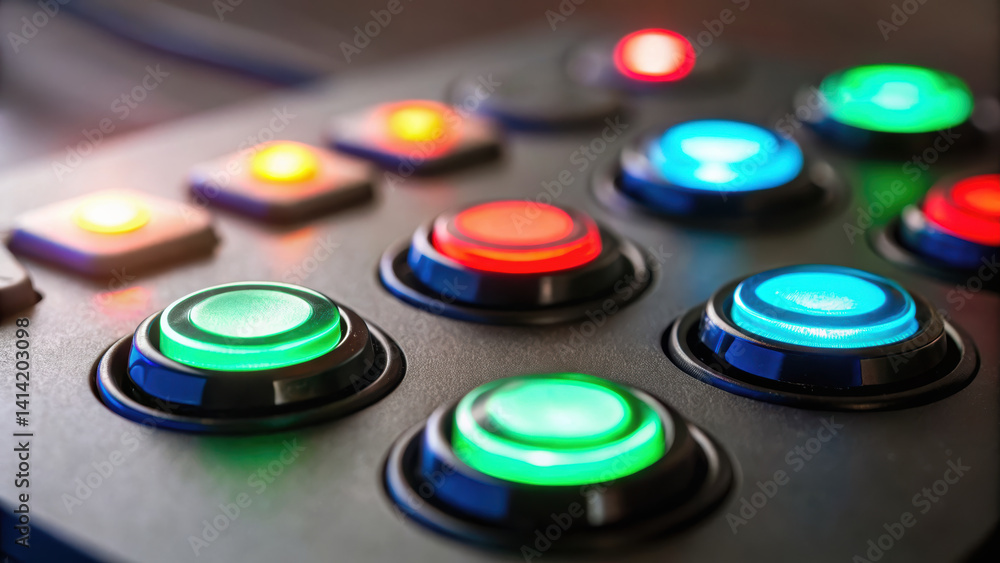 Poster brightly lit buttons on control panel showcase various functions for water pumps in agriculture, enh