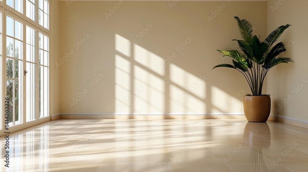 Poster empty bright interior with large windows casting shadows on beige walls and reflective flooring and 