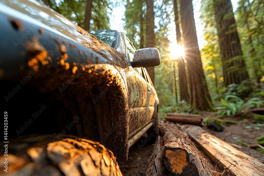 Poster Off-road vehicle covered in mud parked in a dense forest with sunlight streaming through the trees creating a warm and adventurous atmosphere
