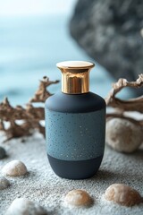 An elegant bottle of perfume in a deep blue shade sits on white sand with the sea in the background.