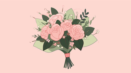 Elegant bouquet of pink roses with green leaves on pale background flat vector illustration