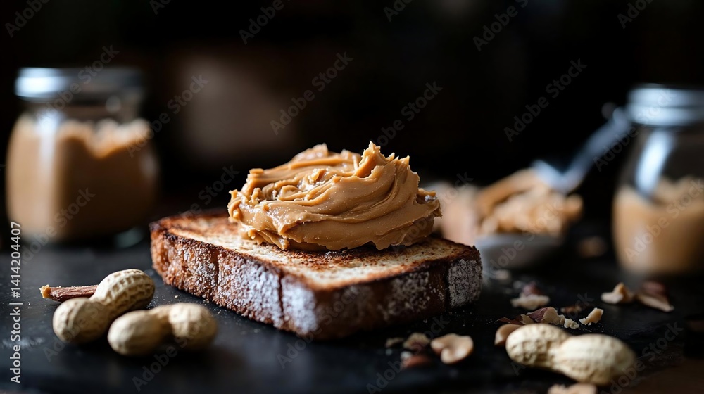 Poster close-up of toasted bread slice topped with creamy nut butter with a blurred background with jars of