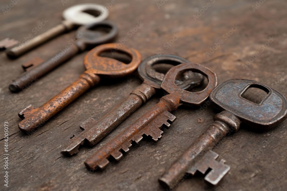 Poster close-up shot of aged rusty keys arranged on a rustic wooden surface, showcasing textures and detail