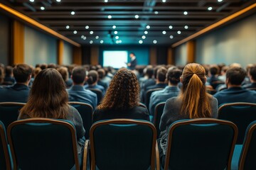 Audience in rows of chairs listens to a speaker at the front of a large, well-lit conference room