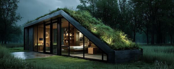 Fototapeta premium Modular eco-cabin placed in a rural setting featuring cross-laminated timber frames, green roof, and compact energy-efficient layout