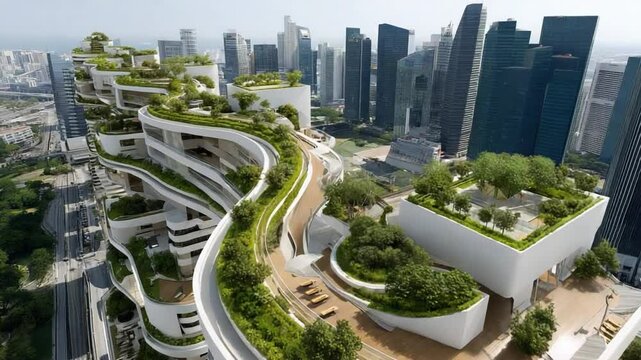 Green Cityscape: Modern architecture seamlessly integrates with nature in this stunning aerial view of a futuristic city.