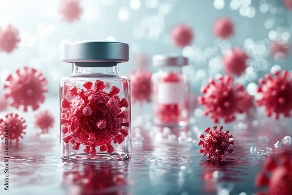 Poster vials containing modelled coronavirus particles on a reflective surface in a laboratory setting
