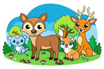 Obraz premium Illustrated Wildlife in Woodland Environment
