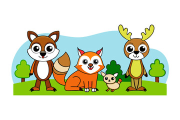 Naklejka premium Woodland Animals in Forest Vector Scene