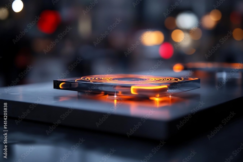 Poster close-up of an illuminated clear acrylic object with vibrant orange and yellow internal lighting aga