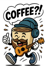 Coffee Vibes Only. A cheerful coffee cup character jamming on a ukulele, ready to fuel your day with good vibes and music. Perfect for stickers, café branding, or fun merch