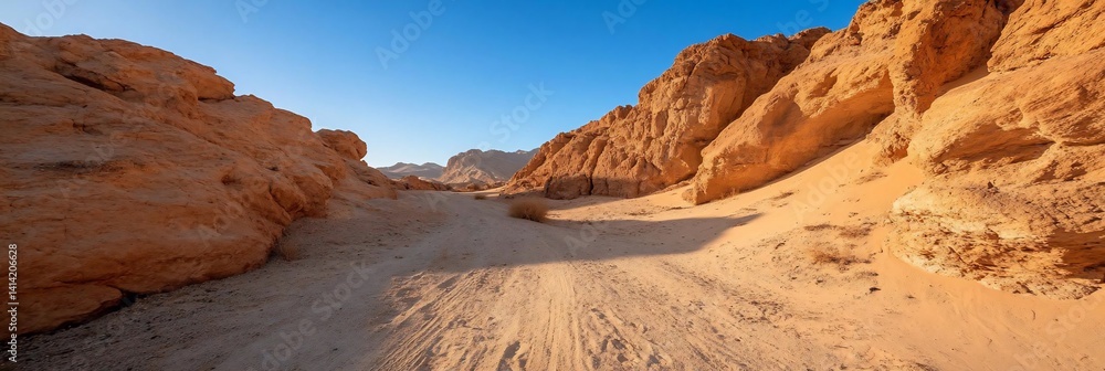 Aufkleber panoramic view of a desert canyon illuminated by sunlight creating shadows. sand and rock formations