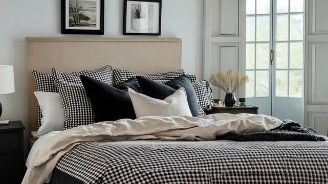 Cozy Bedroom Interior Design Stylish Bed with Checkered Duvet, Decorative Pillows, and Natural Light for Serene Atmosphere