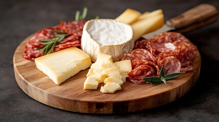 Close-up of a charcuterie board featuring an assortment of cheese and cured meats on a wooden platter. The board showcases cheese varieties salami and a cheese knife against a dark background